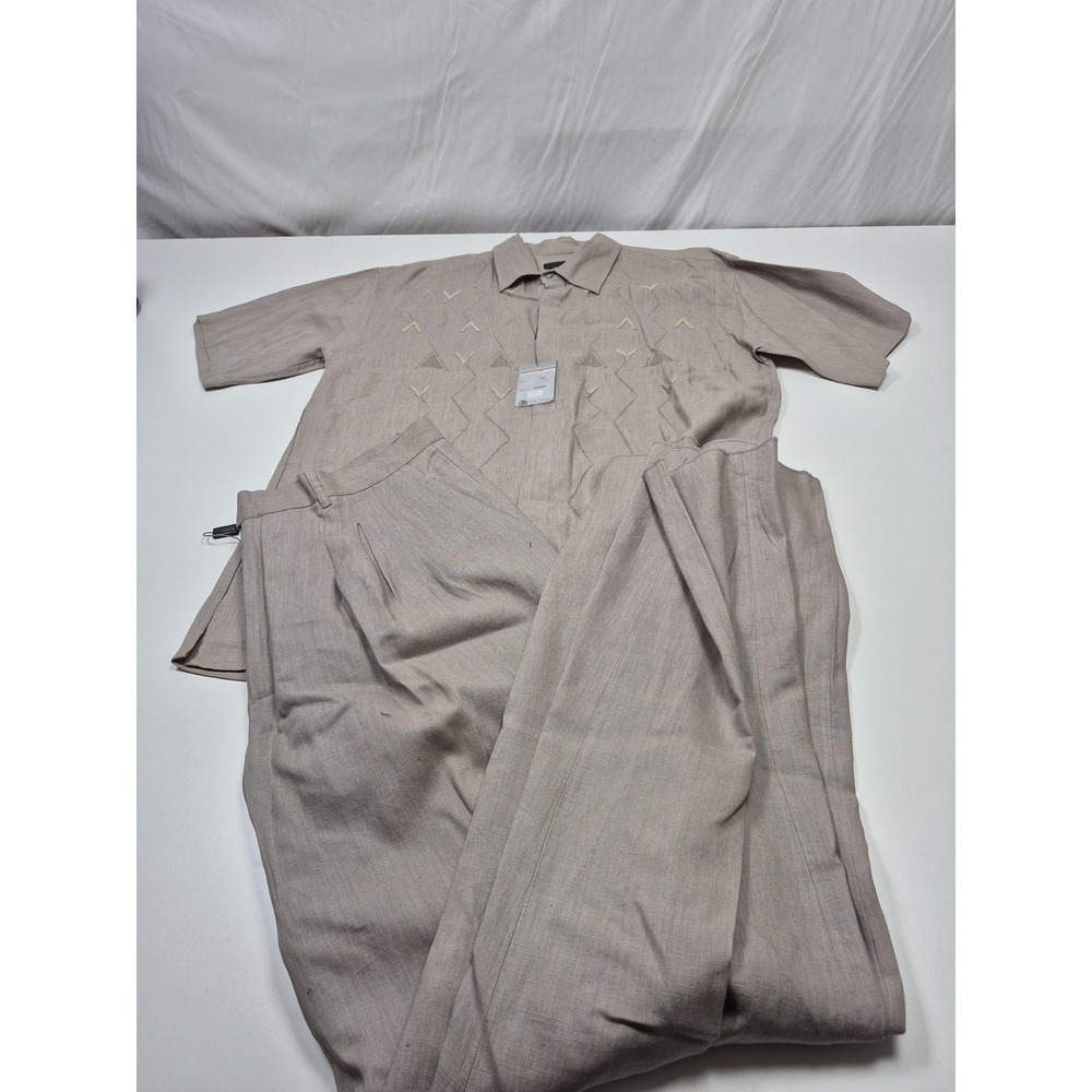 Prestige Linen Shirt Pants Set Mens 2XL 40 Beige Short Sleeve Embroidered